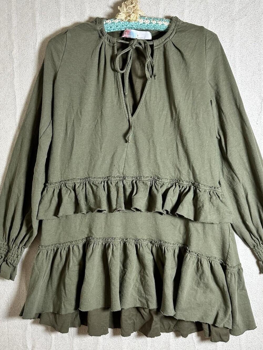 Free people beach  Tiered Dress  Goblincore Forrest Fairy Moss Green Cotton Sz S